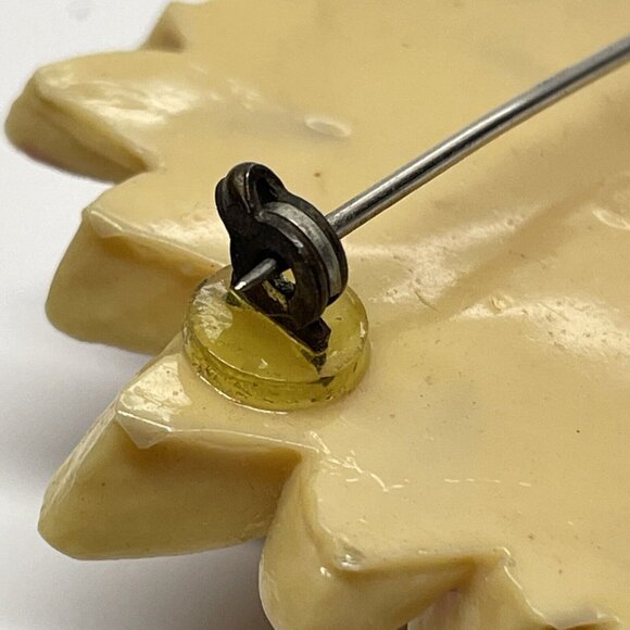 vintage Carved celluloid flower brooch dangle Beads Signed Handmade Aged 3D - Picture 7 of 14